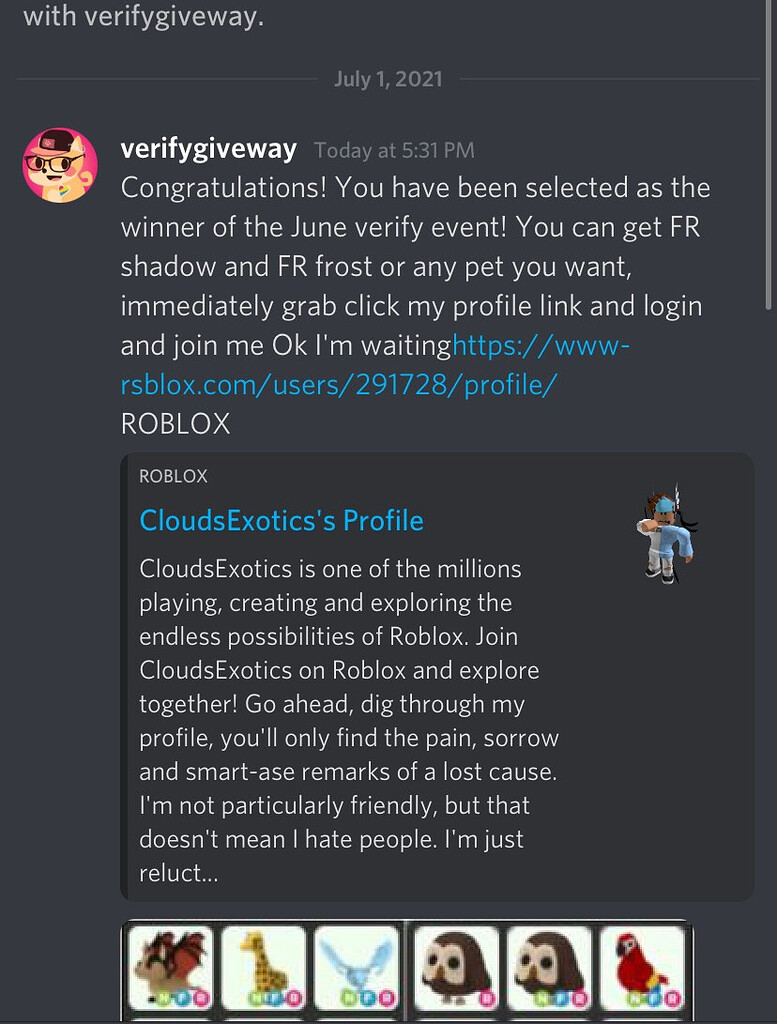 You were selected as the winner of the June event Roblox/Discord