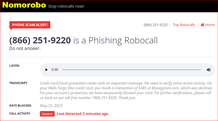 Wells Fargo Fraud department robocall-8662519220