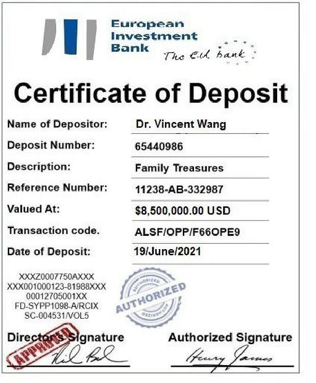 EIB Certificate of deposit - Dr Vincent Wang-1