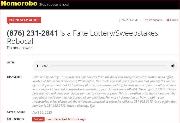 PCH-American Sweepstakes robocall-2819625173