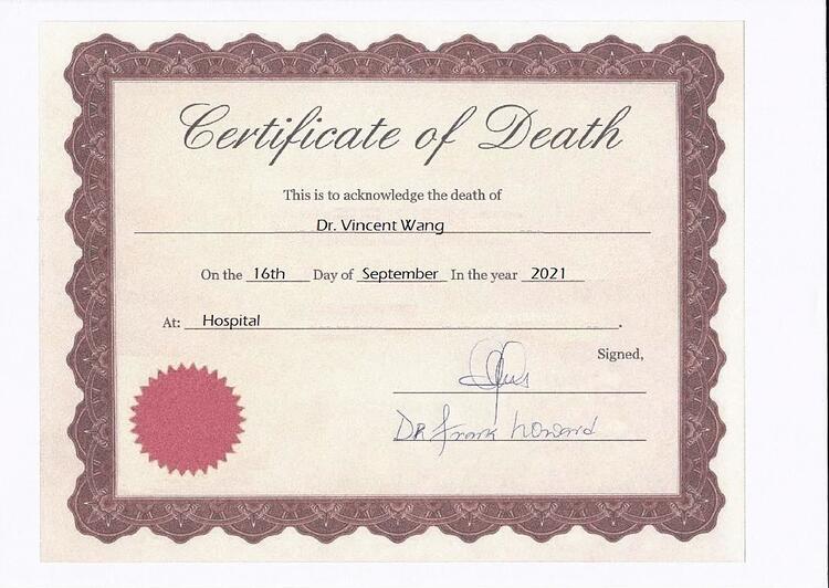 Certificate of Death - Dr Vincent Wang-1
