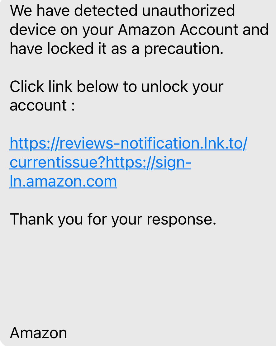 Amazon text: We have detected unauthorized device on Amazon Account